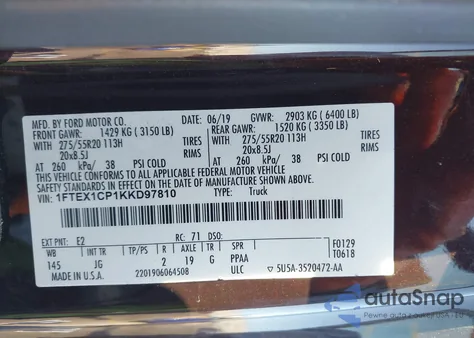 2019 Ford F-150 Xl из США, поврежденный, VIN 1FTEX1CP1KKD97810